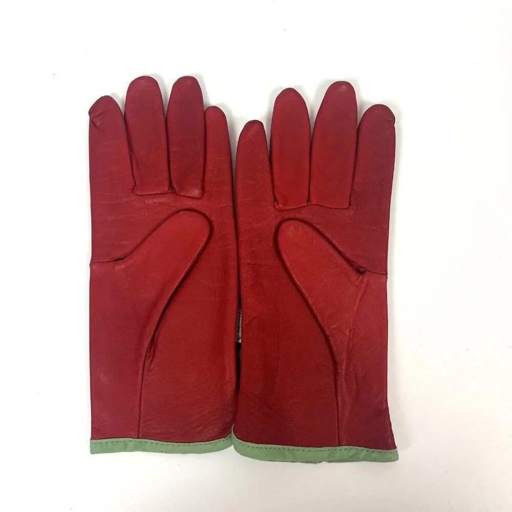 Vintage Rostaing‎ Red Leather Gloves Green Trim Old Money Festive